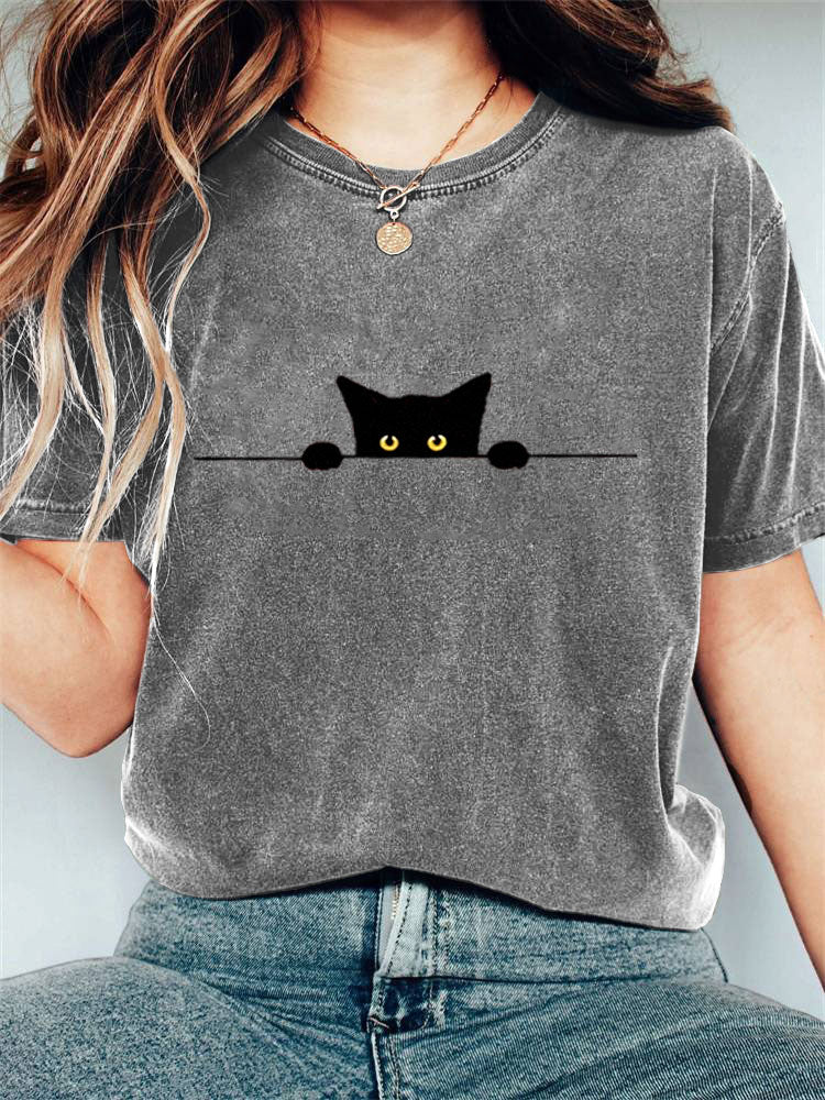 Comstylish Women's Casual Funny Black Cat Print T-shirt