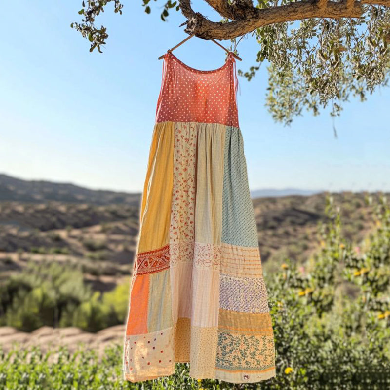 Comstylish Vintage Floral Patchwork Art Linen Tank Dress