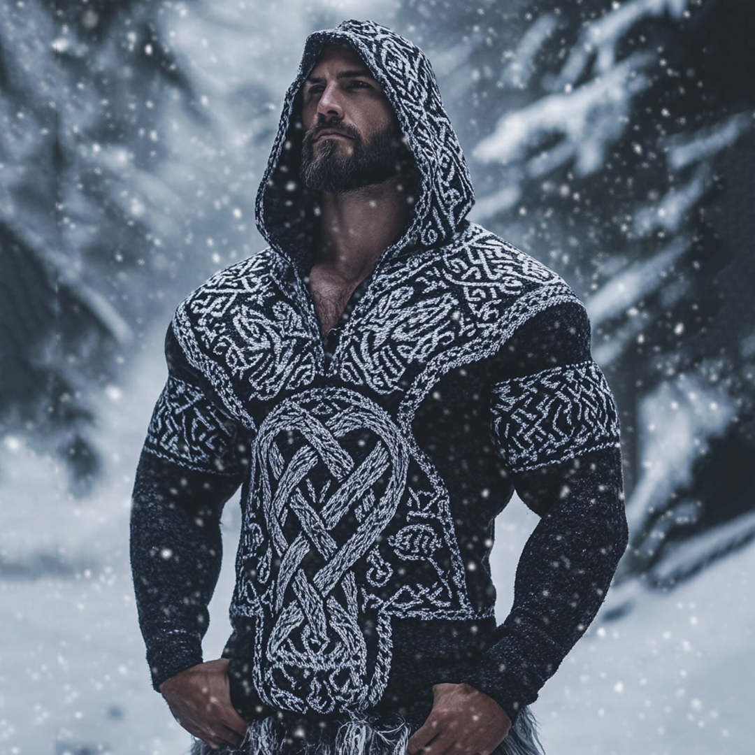 Men's Viking Tribal Warmth Jacquard Celtic Inspired Chunky Knit Hooded Sweater artswardrobe