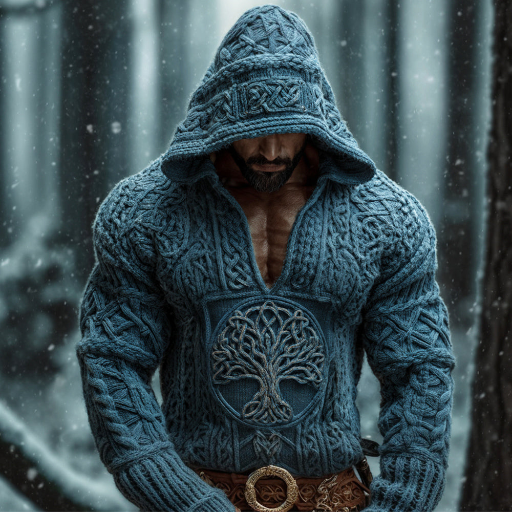 Viking Tree Of Life Men's Chunky Knit Hooded Sweater artswardrobe