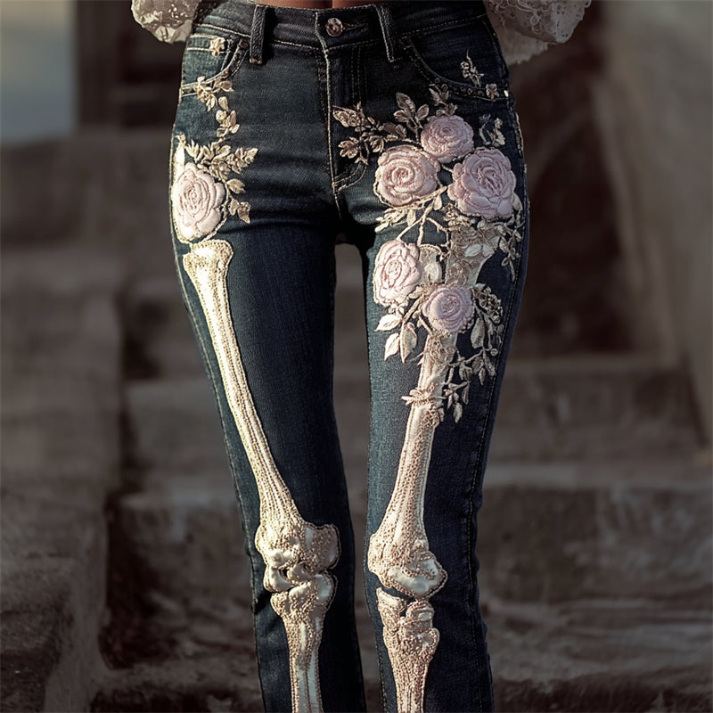 Comstylish Skeleton Pink Roses Beaded Embroidered Washed Jeans