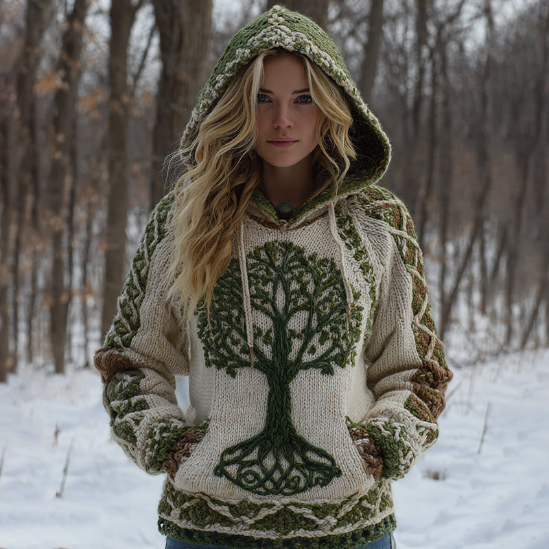 Women's Vintage Tree Of Life Celtic Knot Pattern Cozy Knit Hooded Sweater artswardrobe