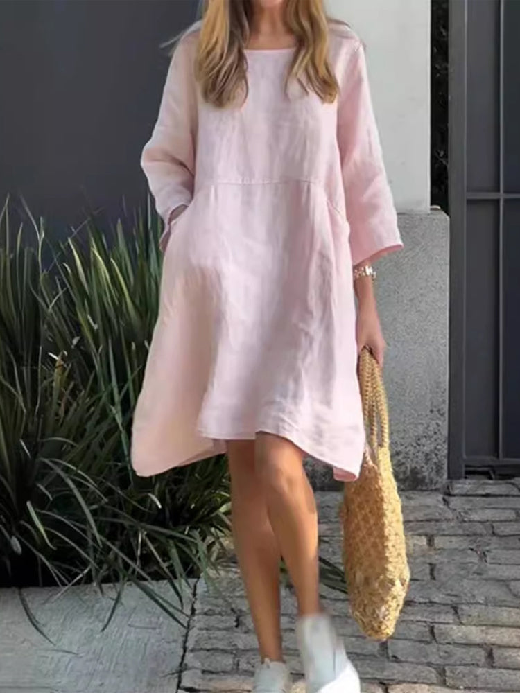 Comstylish Cute Solid Color Pockets Linen Blend Midi Dress