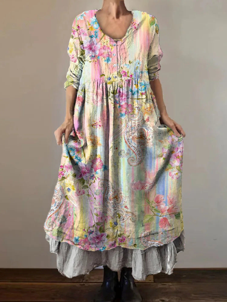 Women's Art Floral Hippie Vintage Print V Neck Dress