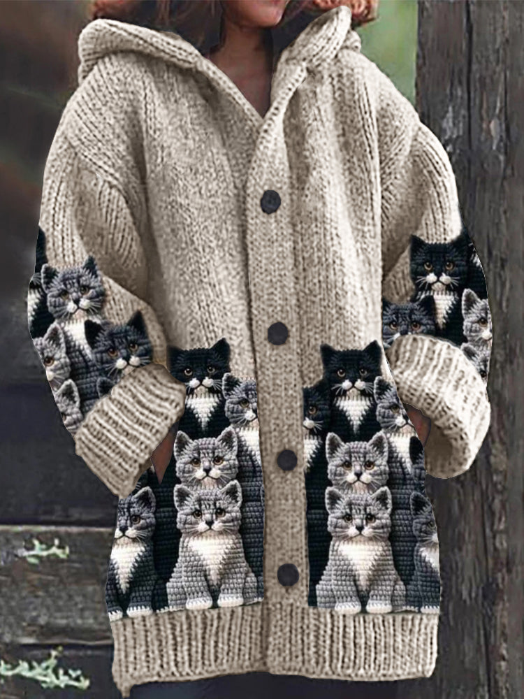 Crowded Cats Crochet Art Cozy Knit Hooded Cardigan elevenforest