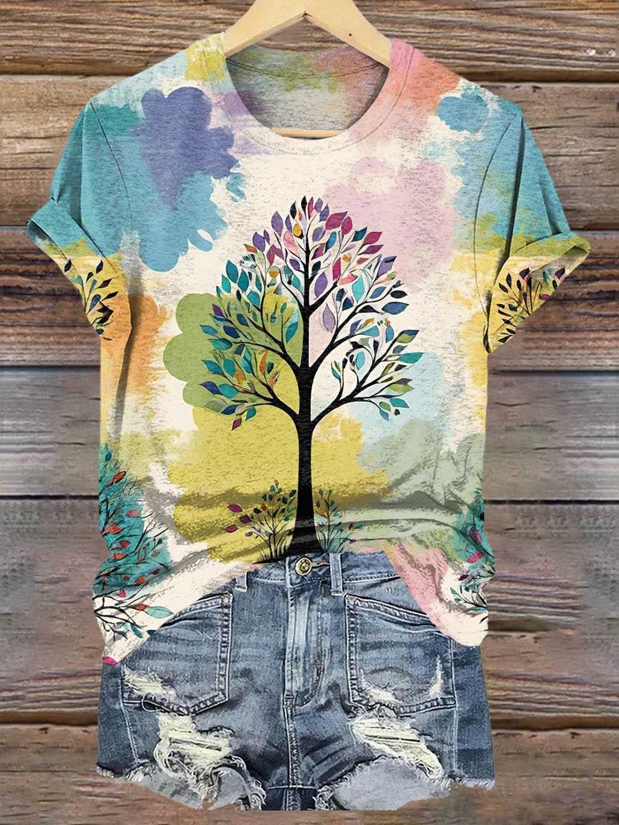Women's Tie-Dye Tree Art Print V-Neck T-Shirt