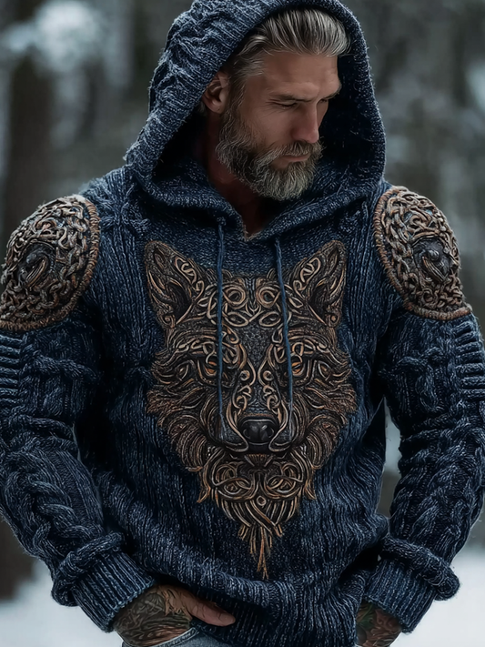 Vintage Viking Celtic Style Wolf Head Line Art Men's Thick Knit Hooded Sweater elevenforest