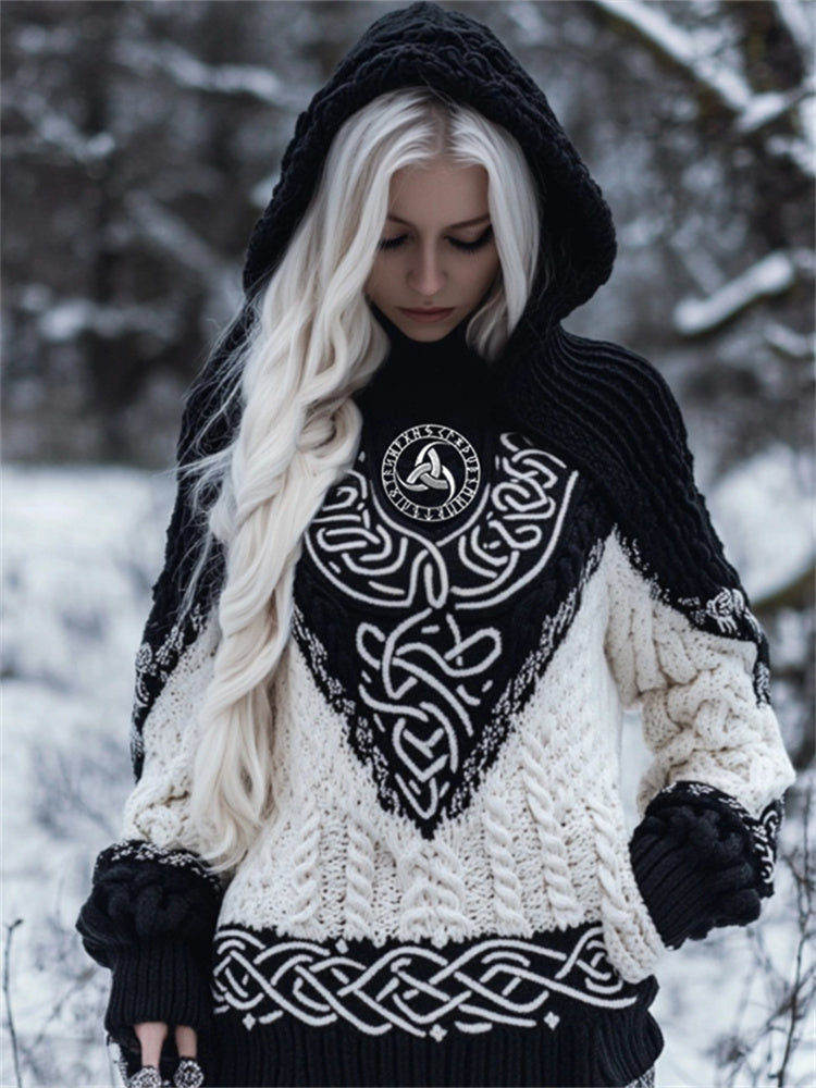 Viking Embroidered Celtic Contrast Color Cozy Chunky Hooded Sweater artswardrobe