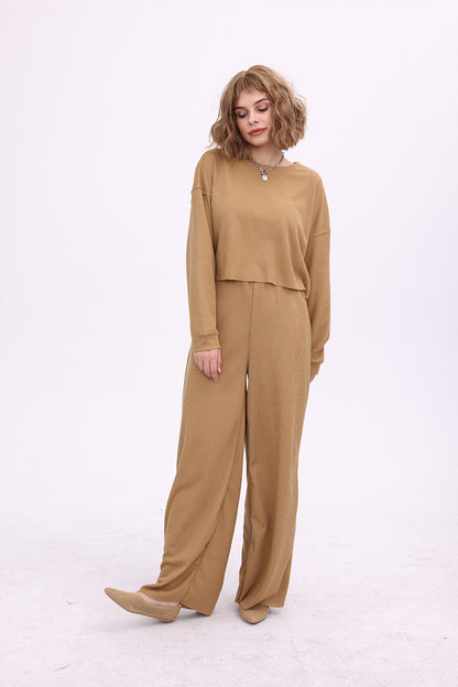Esther® | Solid color waffle sweater top and wide knit pants