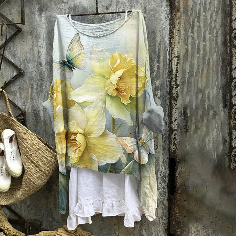 Vintage Narcissus Butterfly Print Linen Blend Shirt artswardrobe