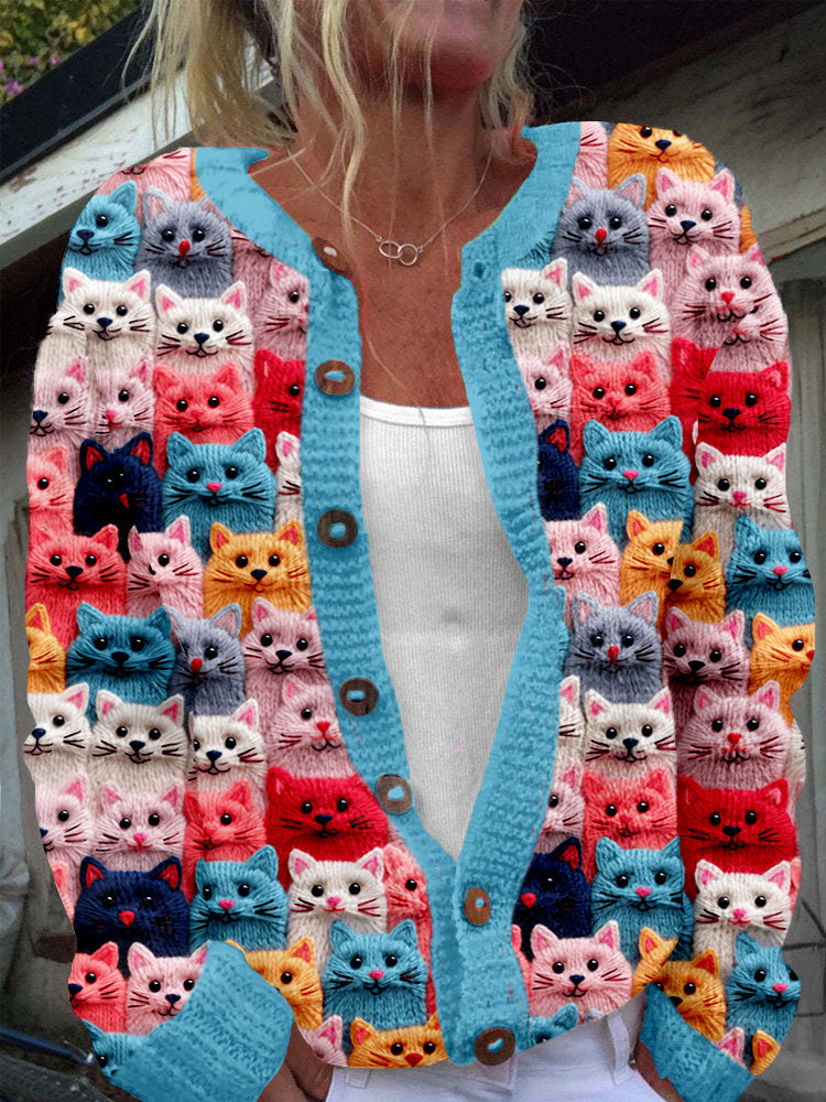 Colorful Cute Cats Embroidered Cozy Knit Cardigan elevenforest