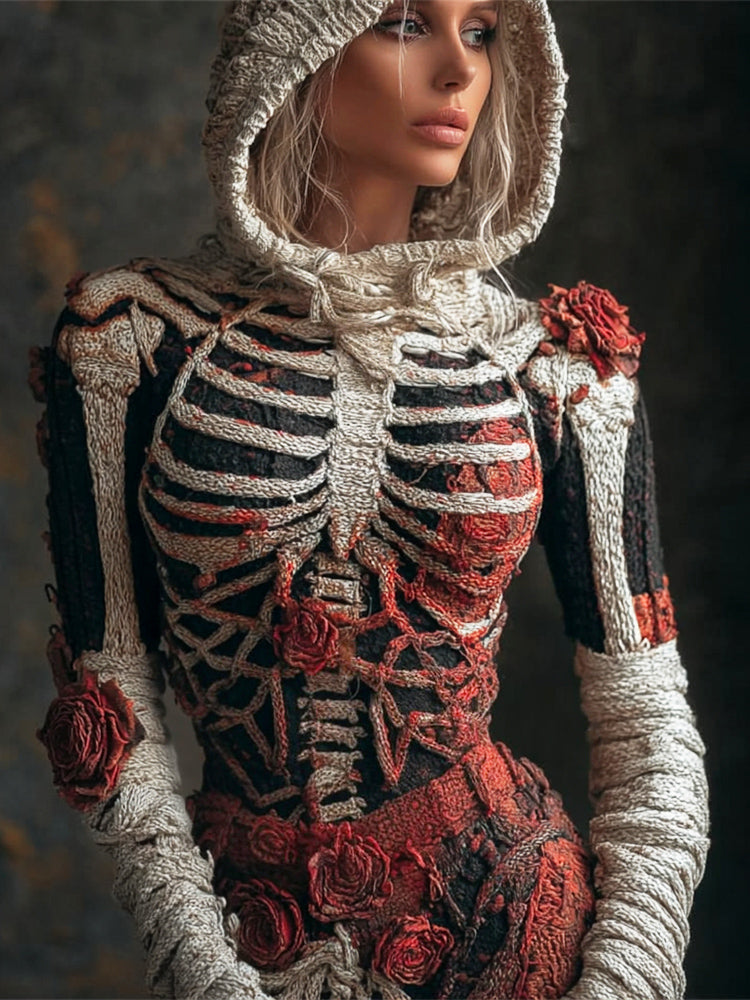 Halloween Skeleton & Rose Bandage Art Women's Hooded Sweater artswardrobe
