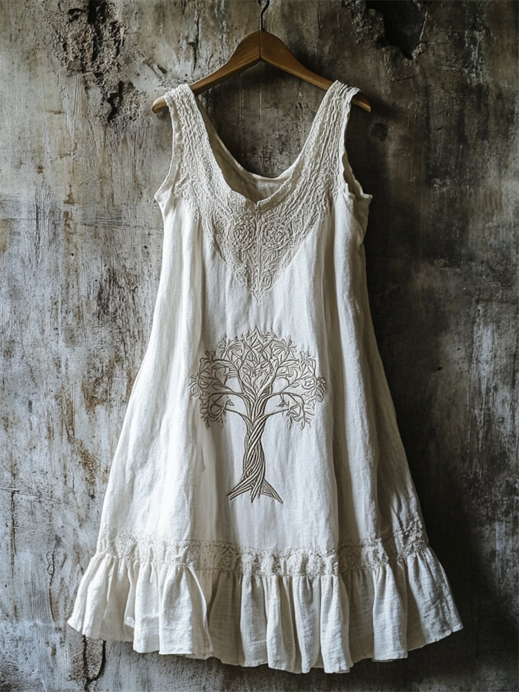 Tree Of Life Lace Patchwork Ruffle Hem Linen Dress artswardrobe