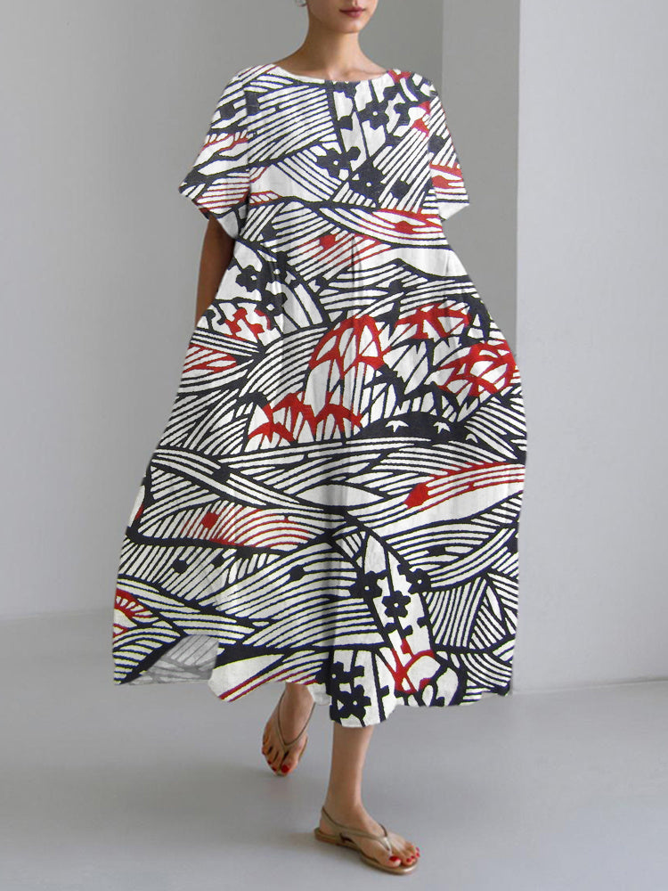 Comstylish Japanese Line Flower Print Linen Blend Maxi Dress