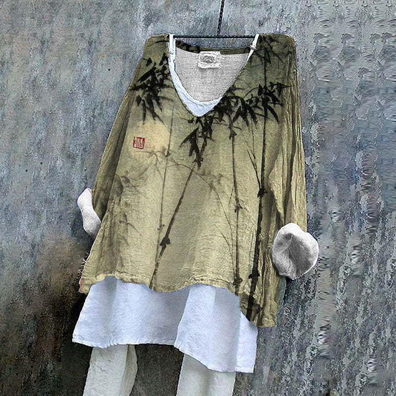 Comstylish Vintage Bamboo Leaf V Neck Linen Blend Shirt