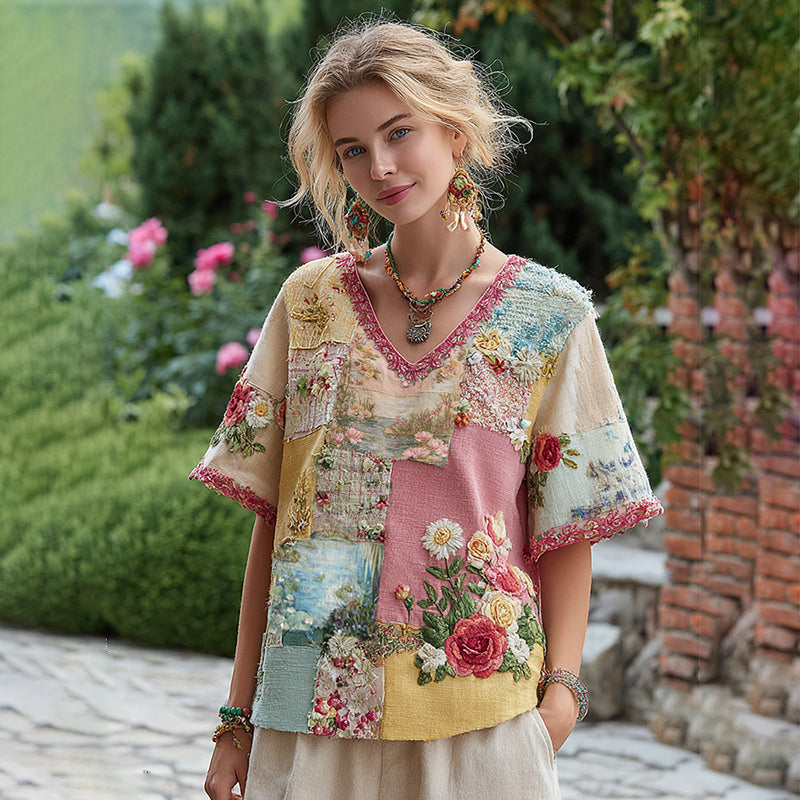 Women's Oil Painting Water Lily Floral Patchwork Comfy  Shirt artswardrobe