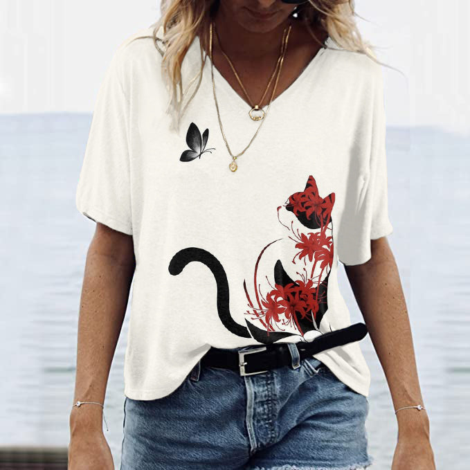 Fashionable Floral Cat Art Pattern Women'S T-Shirt elevenforest