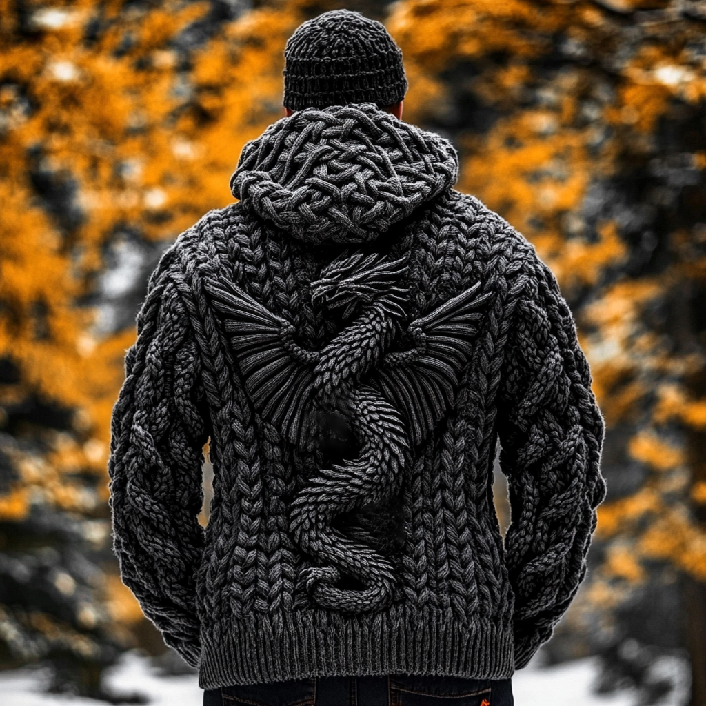 Men's Vintage Viking Dragon Celtic Chunky Knit Cozy Zip Up Cardigan Sweater artswardrobe