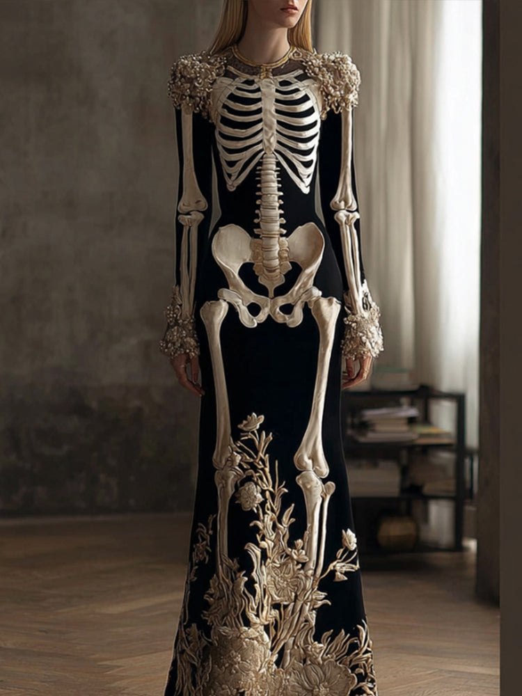 Comstylish Women's Halloween Retro Anatomy Art And Flower Gothic Velvet Long Dress