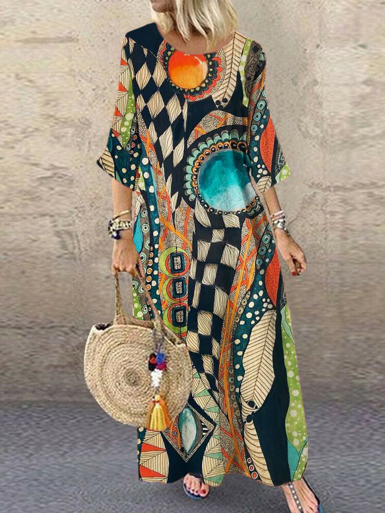 Comstylish Vintage Geometric Abstract Art Women's Linen Maxi Dress