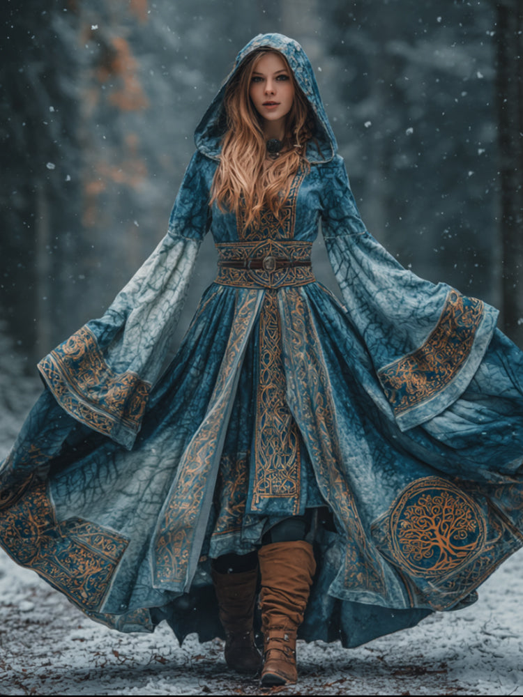 Comstylish Women's Viking Style Gold Print Tree Of Life Blue Tie Dye Cape