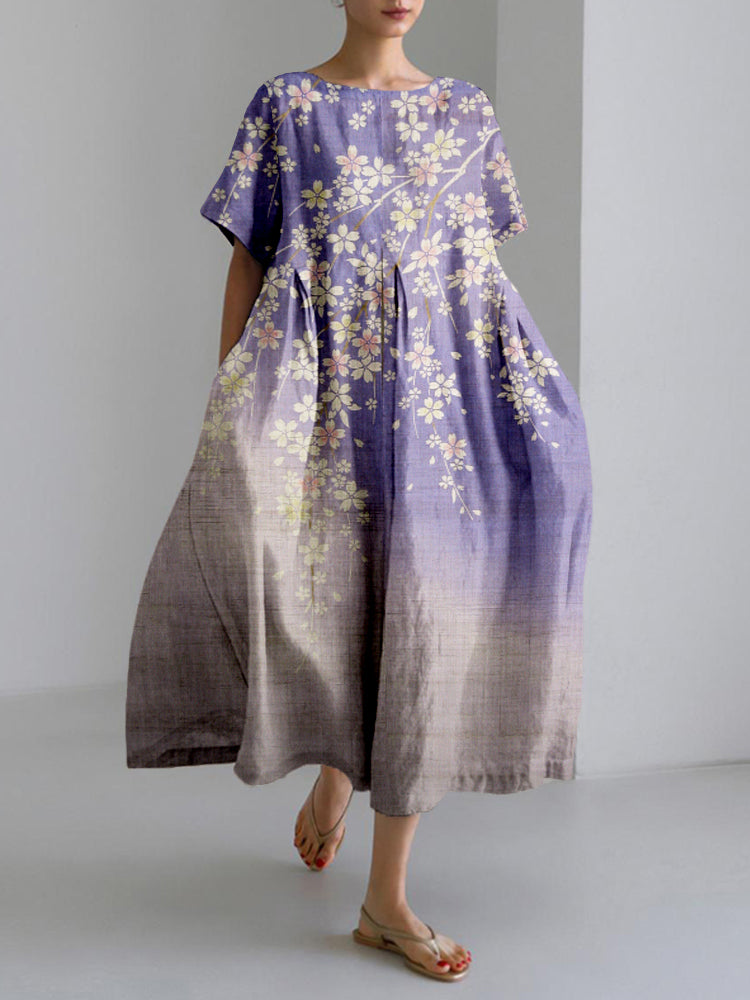 Comstylish Japanese Cherry Blossom Art Linen Blend Maxi Dress