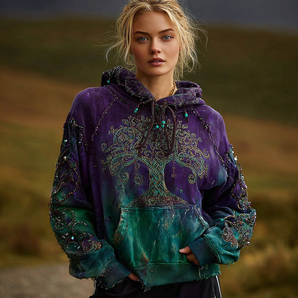 Women's Vintage Viking Tree Of Life Art Gradient Comfort Hoodie artswardrobe