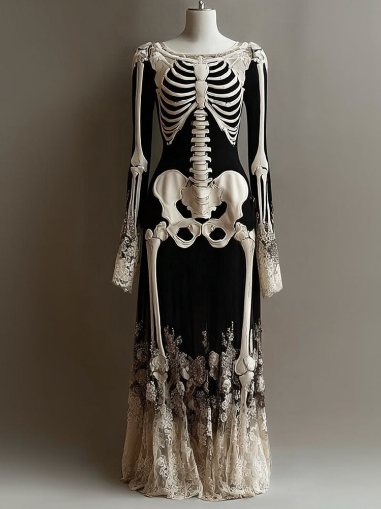 Comstylish Classy Skeleton Roses Lace Patchwork Flowy Maxi Dress