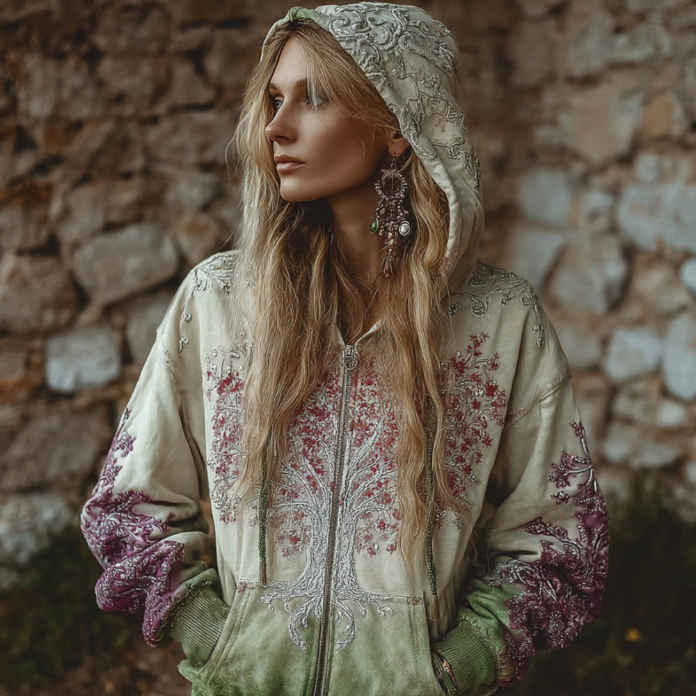 Comstylish Viking Style Flowering Tree Bead String Tie Dye Cardigan Hoodie