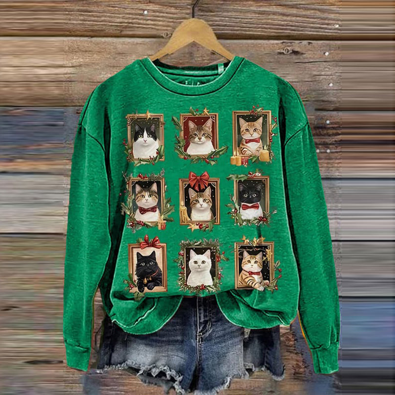 Comstylish Women's Merry Christmas Cats Printed Sweatshirt