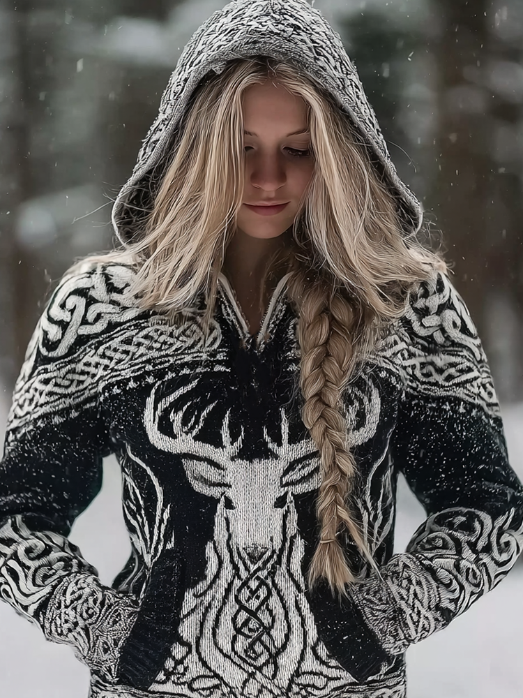 Vintage Viking Celtic Style Deer Pattern Women's Hooded Sweater elevenforest