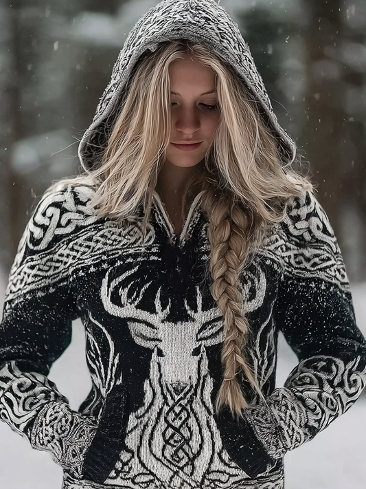 Vintage Viking Celtic Style Deer Pattern Women's Hooded Sweater elevenforest
