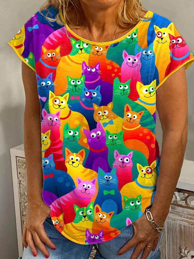 Comstylish Colorful Cats Print Casual Cotton T-Shirt