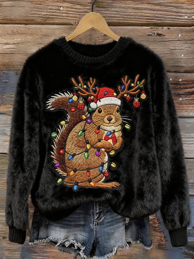 Funny Christmas Squirrel Lights Embroidered Plush Sweater artswardrobe