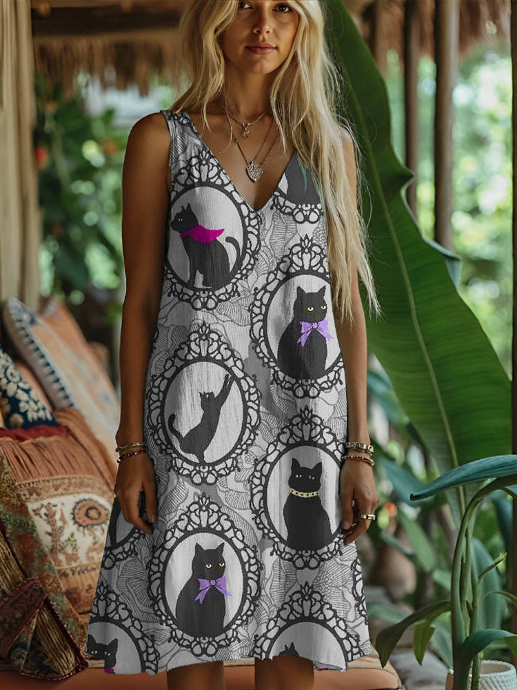 Vintage Lace Cat Print Women's Linen Vest Dress elevenforest