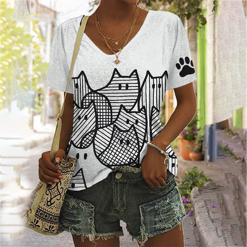 Comstylish Women's Cute Line Cats Print V Neck T-shirt