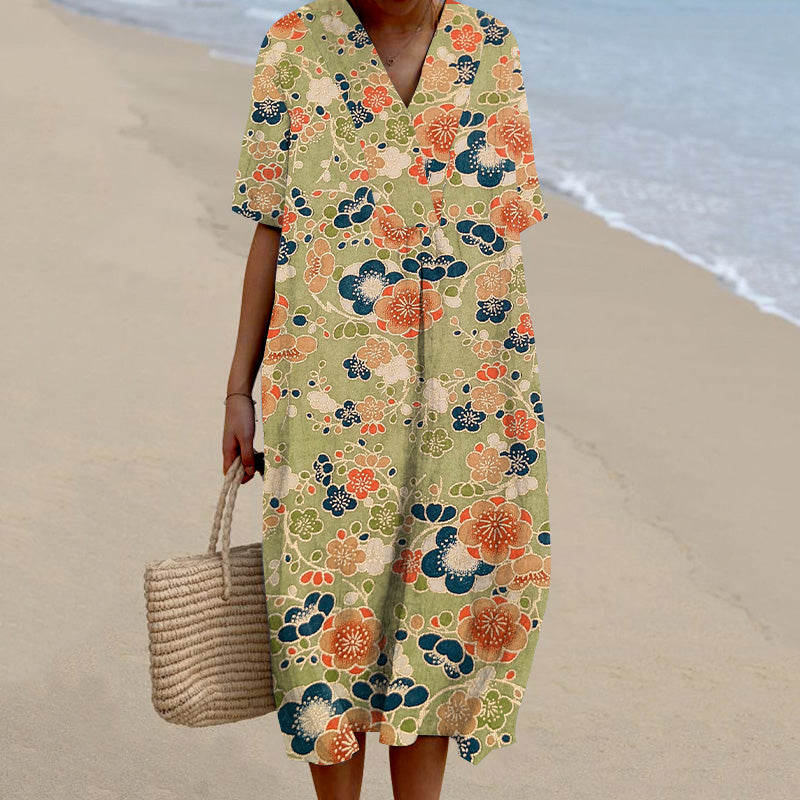 Comstylish Vintage Japanese Art Sakura Printed V-Neck Loose Midi Dress