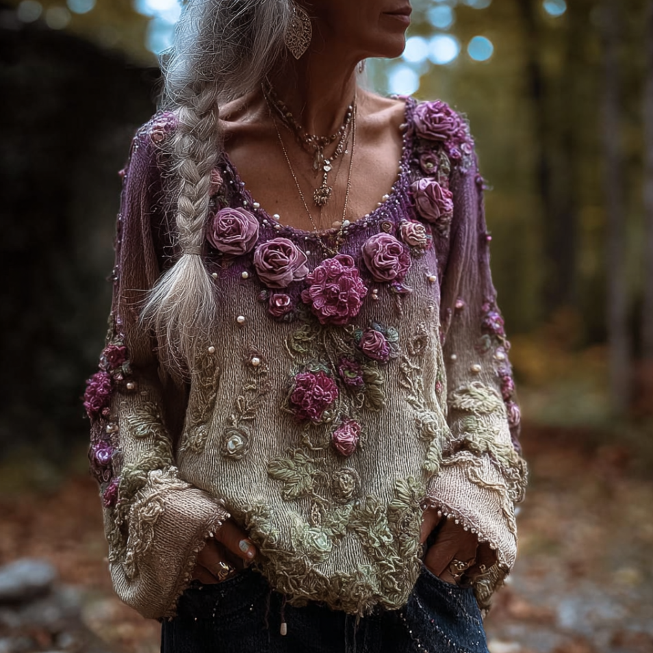 Bohemian Style Round Neck Long Sleeve 3d Purple Flower Design Women's Sweater artswardrobe