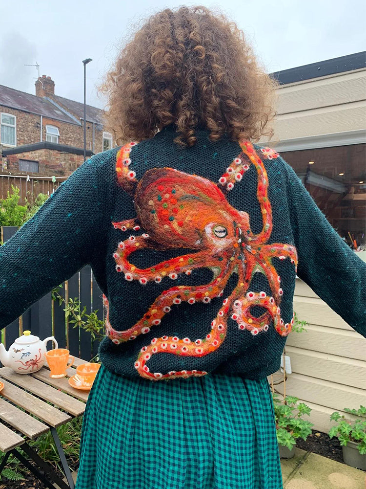 Women's Felt Art Octopus Pattern Cozy Knit Sweater artswardrobe