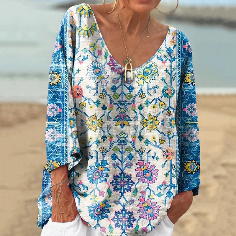 Vintage Ethnic Flower Print V-neck Loose Linen Blend T-shirt artswardrobe