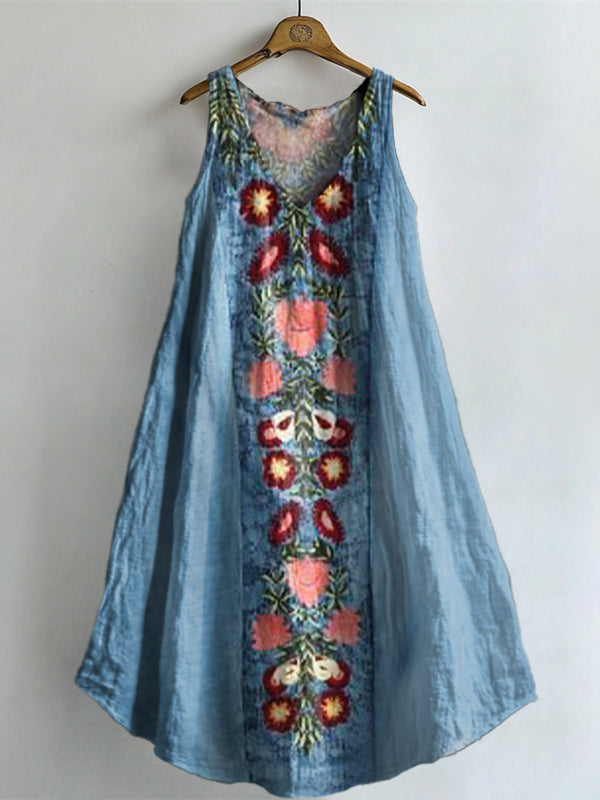 Women's Vintage Ethnic Floral Art Print V-neck Pocket Cotton Dress