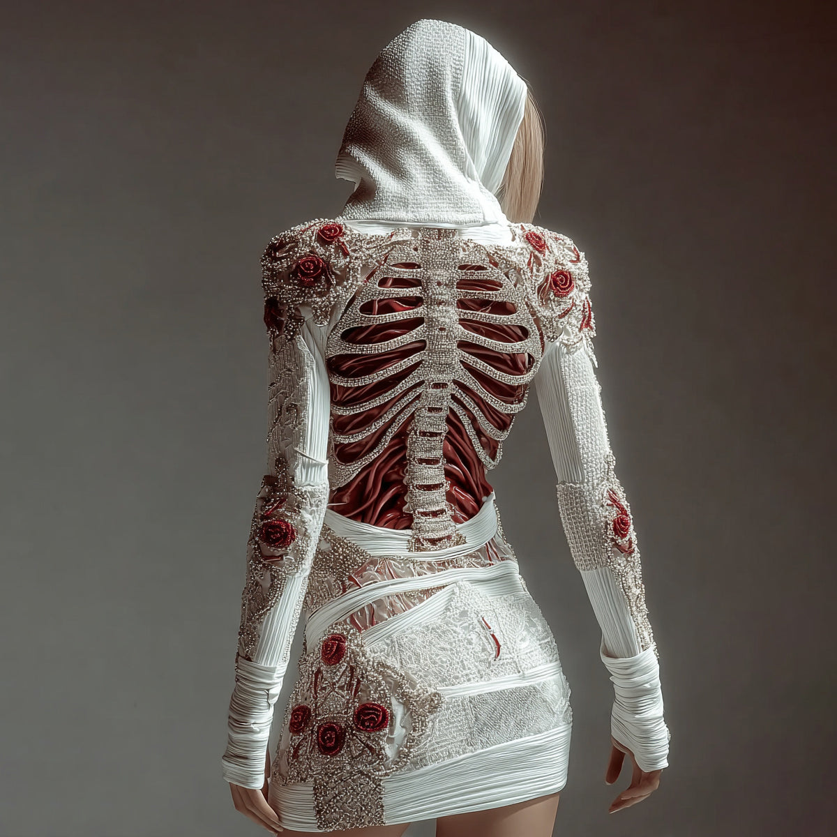 Women's Skeleton Roses Bandages Sequins Art Cozy Knit Hooded Mini Sweater Dress artswardrobe