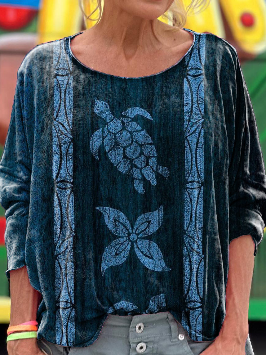 Vintage Turtle Art Print Casual Long Sleeve T-Shirt