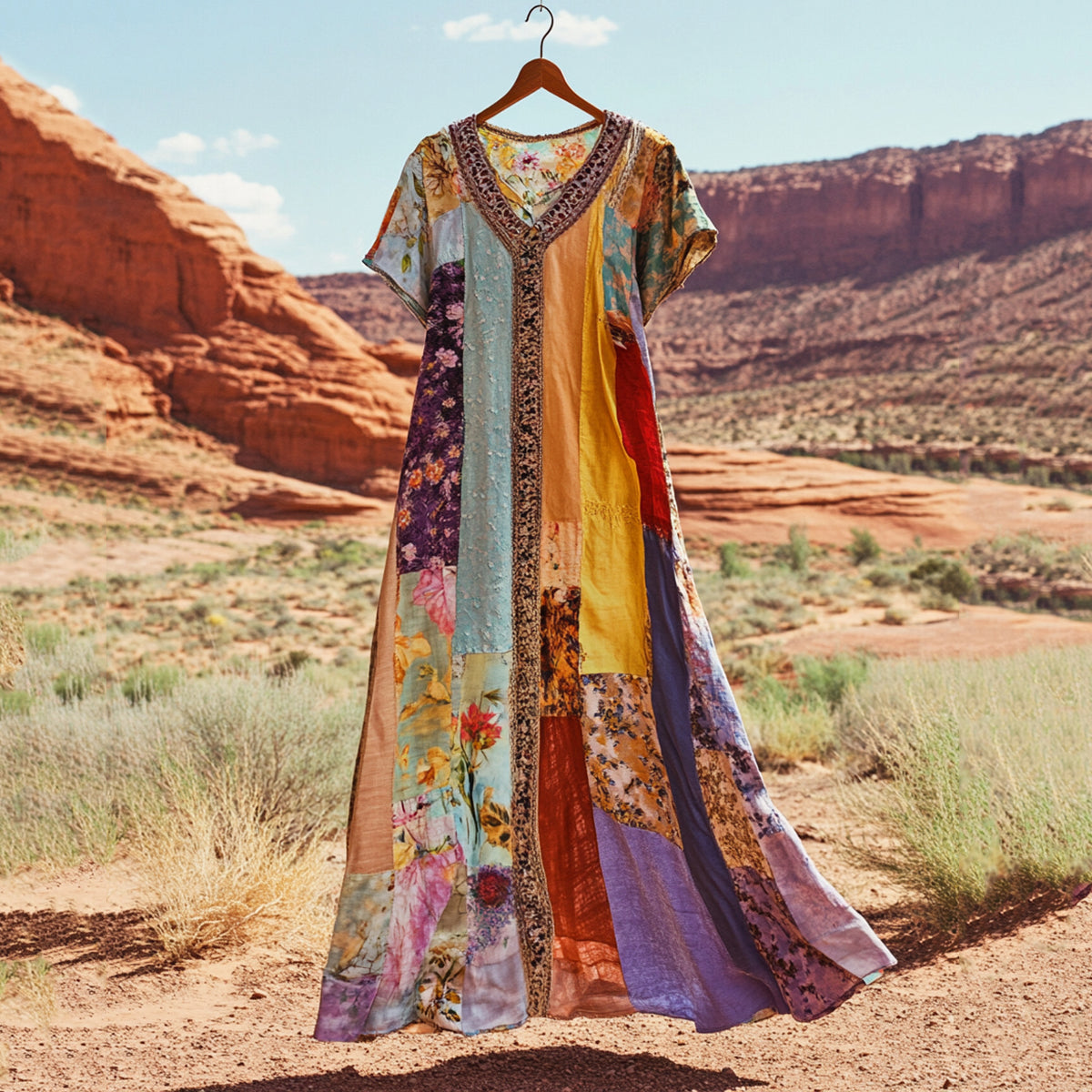 Women's Vintage Patchwork Flower Print Loose Midi Dress artswardrobe