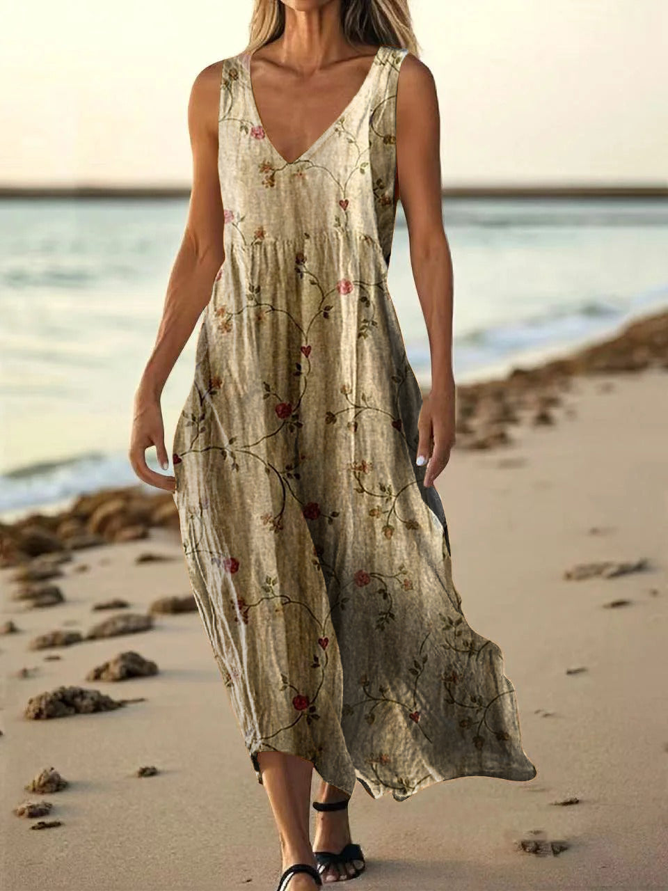 Women's Floral Art Print Pocket Cotton Dresses