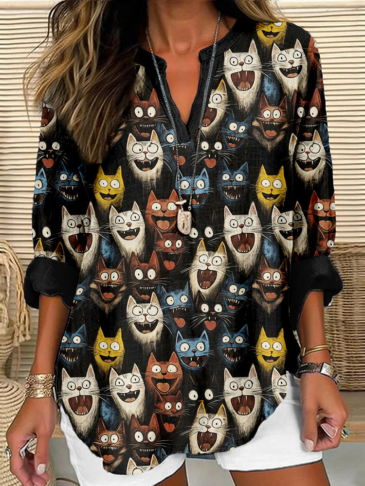 Comstylish Cartoonish Smiling Cats Pattern Cozy Linen Tunic