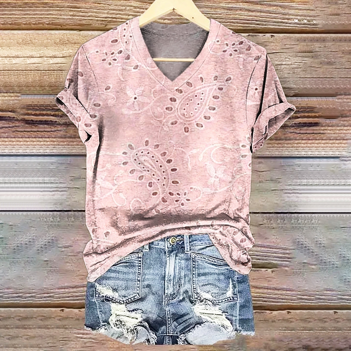 Women's Paisley Floral Art Print V-neck Casual T-Shirt