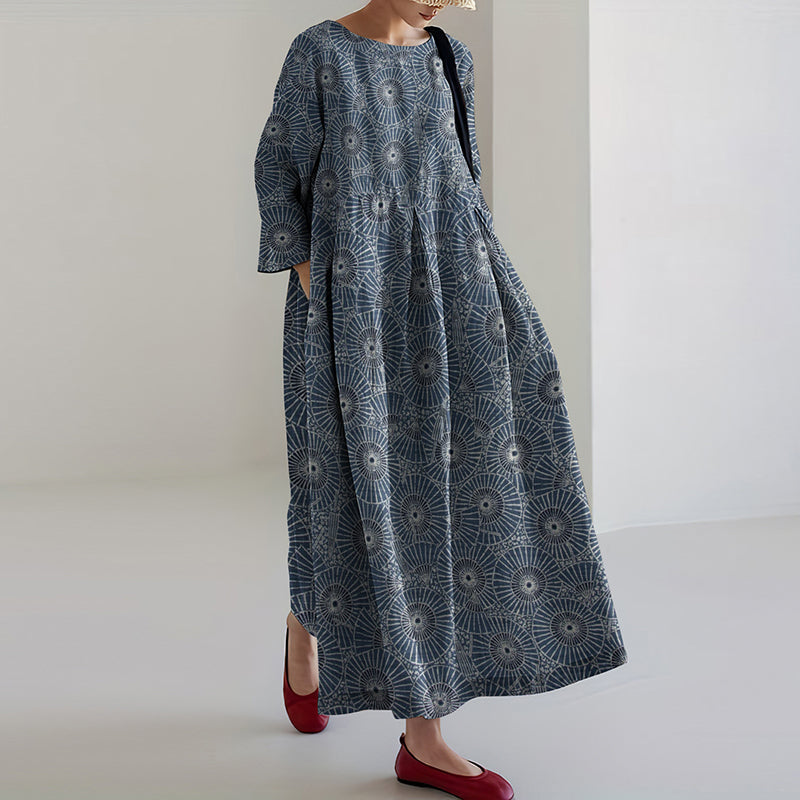 Comstylish Vintage Japanese Traditional Sashiko SevenBerry Art Cropped Print Casual Midi Dress