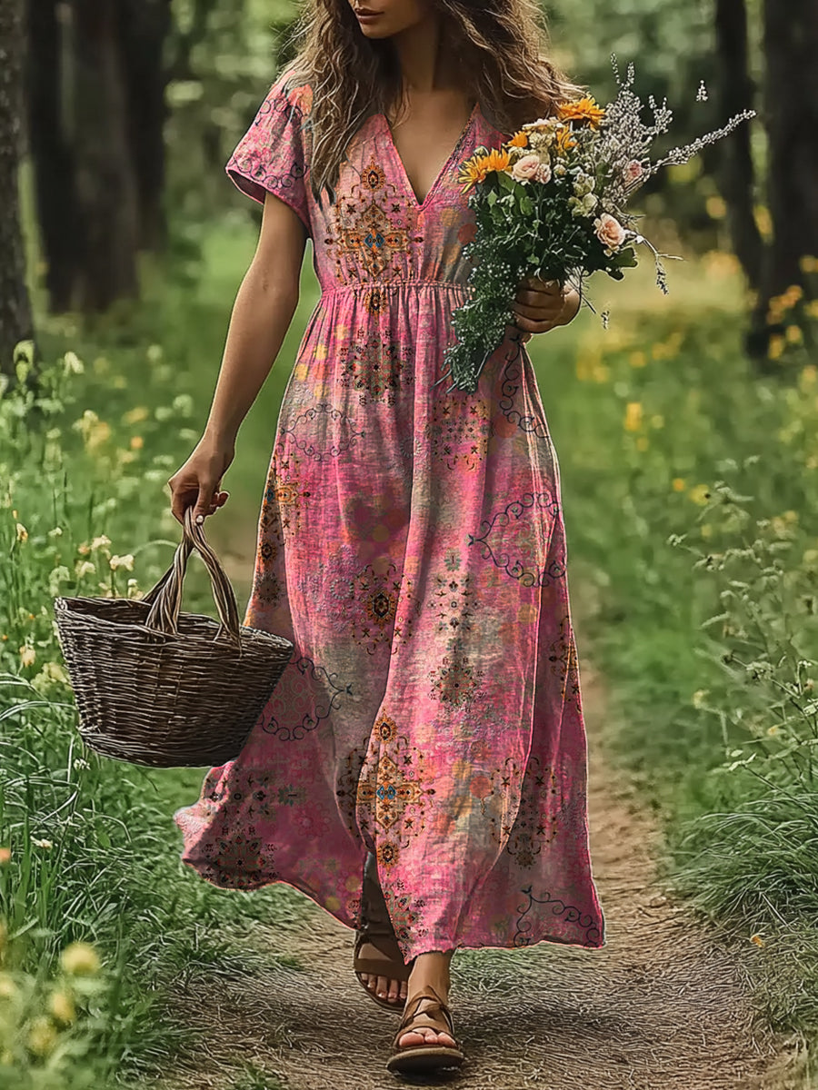 Women's Art Painting Ethnic Retro Print V-Neck Dress