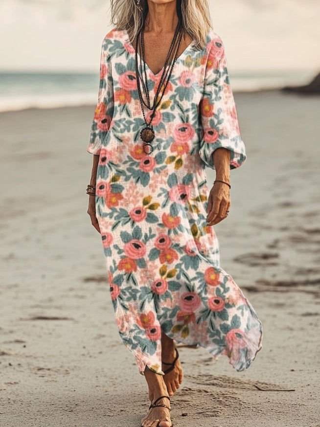 Women's Floral Art Print Pocket Cotton Dresses